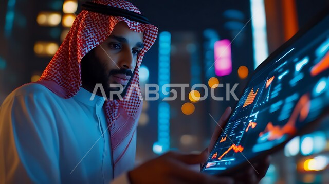 Saudi professions and jobs, use of modern technical devices, managing daily work tasks at the company headquarters, a close-up photo of a Saudi Gulf Arab man wearing traditional clothing sitting in his office working on a laptop
