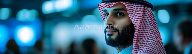 الاهتمام بالأناقة والمظهر الخارجي، صورة مقربة لرجل عربي خليجي سعودي مبتسم يرتدي الشماغ والثوب التقليدي ينظر إلى الكاميرا بإيماءات السرور، الشعور بالثقة في النفس