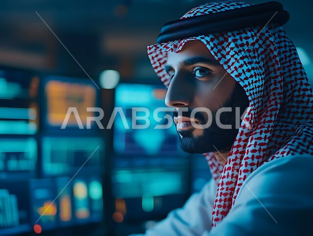 Watching holographic charts on illuminated electronic screens, global stock market, digital currency trading, integrating advanced technology with business, close-up of a Saudi Arabian Gulf businessman wearing traditional thobe and shemagh looking at something
