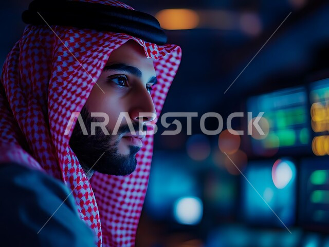 سوق البورصة العالمية، تداول العملة الرقمية، دمج التكنولوجيا المتطورة مع العمل، مراقبة الرسوم البيانيه الهولوجراميه على الشاشات الالكترونيه المضيئه، صورة مقربة لرجل أعمال عربي خليجي سعودي يرتدي الثوب التقليدي والشماغ ينظر الى شيء ما