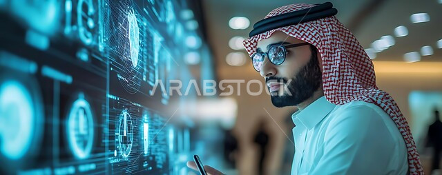 غرفة طبية مجهزة بالشاشات الرقمية لتشخيص الحالات المرضية، صورة مقربة لرجل عربي خليجي سعودي يرتدي الشماغ والثوب التفليدي يقوم بمشاهدة شاشة الكترونية توضح اعضاء جسم الانسان، استخدام التقنية والتكنولوجيا في المجال الطبي في المملكة العربية السعودية