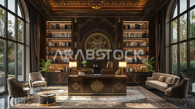 تصاميم داخلية راقية على الطراز الحديث, ديكورات فخمة لمكاتب شركات المملكة العربية السعودية,النوافذ الزجاجية المطله على الطبيعه , تجهيزات مكتبية حديثة بأثاث أنيق ومميز ,  التحف والاكسسوارات الفاخرة