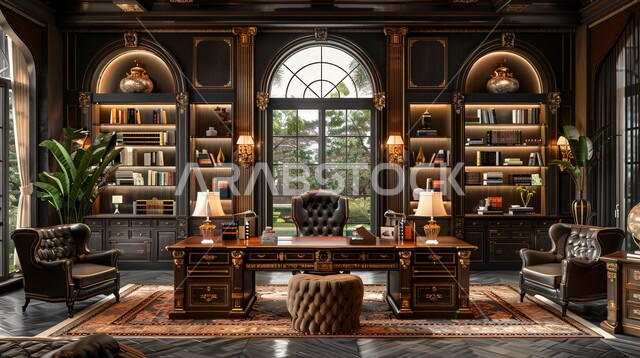 النوافذ الزجاجية المطله على الطبيعه , تجهيزات مكتبية حديثة بأثاث أنيق ومميز , ديكورات فخمة لمكاتب شركات المملكة العربية السعودية, تصاميم داخلية راقية على الطراز الحديث, التحف والاكسسوارات الفاخرة