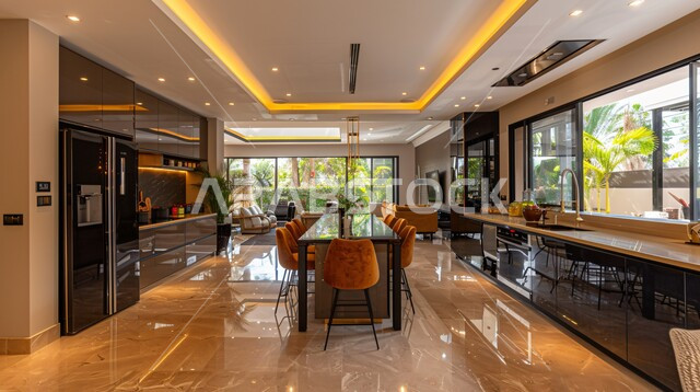 Distinctive interior designs for villas and residential apartments in the Kingdom of Saudi Arabia, the use of elegant artistic style in home furnishing, modern decorations for luxurious Arabic kitchens in black, windows and glass facades