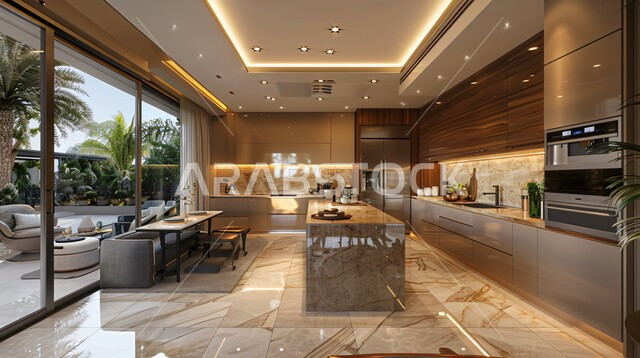 الديكورات العصرية للمطابخ العربية الفاخرة باللون البني، تصاميم داخلية متميزة للفلل والشقق السكنية في المملكة العربية السعودية, استخدام الطراز الفني الأنيق في الآثاث المنزلي، النوافذ والواجهات الزجاجية