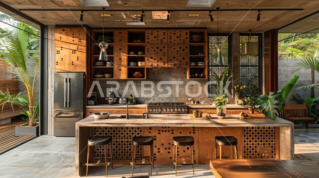 الديكورات العصرية للمطابخ العربية الفاخرة باللون البني، تصاميم داخلية متميزة للفلل والشقق السكنية في المملكة العربية السعودية, استخدام الطراز الفني الأنيق في الآثاث المنزلي، النوافذ والواجهات الزجاجية