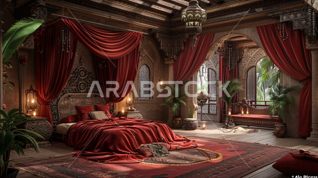 Elegant interior home furniture and accessories, bedroom with modern contemporary designs, interior design of homes and houses in red, luxury residential apartments and villas, hotels and resorts with elegant decor in the Kingdom of Saudi Arabia