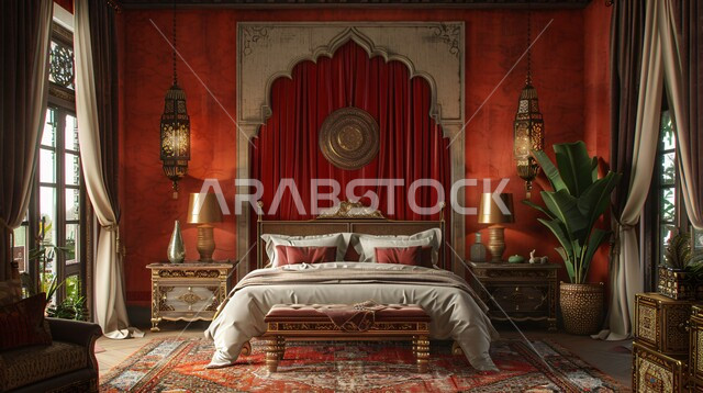 أثاث واكسسوارات منزلية داخلية أنيقة، غرفة نوم بتصاميم عصرية حديثة, التصميم الداخلي للمنازل والبيوت باللون الاحمر، شقق وفلل سكنية فاخرة، فنادق ومنتجعات بديكورات راقية في المملكة العربية السعودية