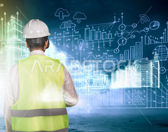 صورة مقربة من الخلف لمهندس شاب عربي خليجي سعودي يلبس نظارة واقع افتراضي لرؤية و استخدام  شبكة تحتوي على مجموعة من الحسابات والاحصاءات البيانية ،أيقون هندسية مدموجة بتصاميم هندسية معمارية بتقنية الهولوجرام ، استخدام خاصية الهولوجرام ثلاثية الأبعاد .