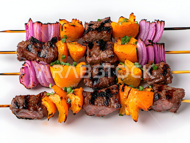 فنون تقديم الأطعمة الشرقية المميزة، وجبات غذائية غنية بالبروتين, وصفات الطعام الصحية الشهية، صوره مقربه لأسياخ اللحوم والخضروات المشوية ، المطاعم في المملكة العربية السعودية، مأكولات وأطباق عربية تقليدية ، خلفيه بيضاء