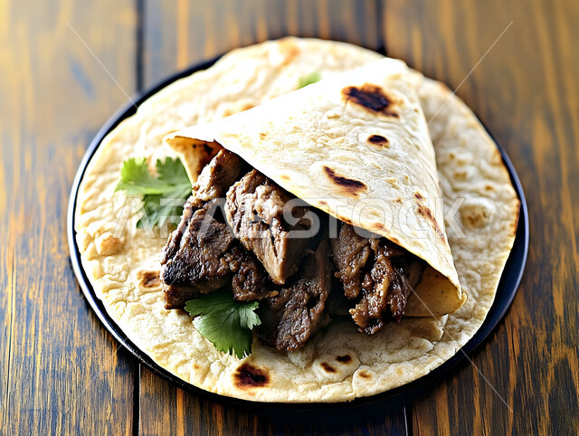 The art of presenting distinctive oriental foods, protein-rich meals, delicious healthy food recipes, a close-up photo of a meat meal wrapped in soft tortilla bread and decorated with fresh coriander, restaurants in the Kingdom of Saudi Arabia, traditional Arabic foods and dishes