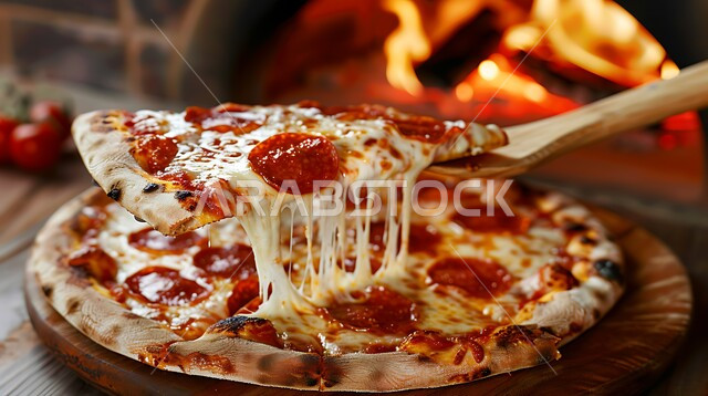 A plate of pizza with pepperoni slices next to the fire, fresh delicious pastries and baked goods, a meal with a high nutritional value, dishes from popular traditional cuisine, healthy and delicious food recipes,