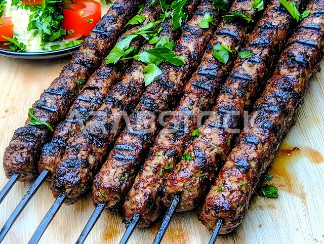 فنون تقديم الأطعمة الشرقية المميزة، وجبات غذائية غنية بالبروتين, وصفات الطعام الصحية الشهية، صوره مقربه لأسياخ كباب مشوية مزينة بالأعشاب مع خضروات طازجة ، المطاعم في المملكة العربية السعودية، مأكولات وأطباق عربية تقليدية