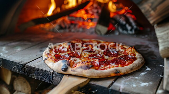 طبق من البيتزا مع شرائح البيبيروني بجانب النار، المعجنات والمخبوزات الشهية الطازجة، وجبة ذات قيمة غذائية عالية، أطباق من المأكولات التقليدية الشعبية، وصفات طعام صحية ولذيذة