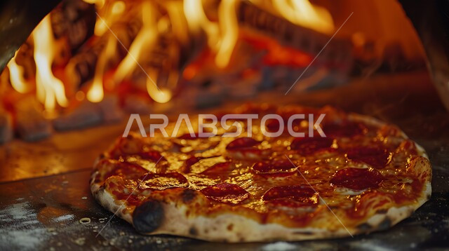 طبق من البيتزا مع شرائح البيبيروني بجانب النار، المعجنات والمخبوزات الشهية الطازجة، وجبة ذات قيمة غذائية عالية، أطباق من المأكولات التقليدية الشعبية، وصفات طعام صحية ولذيذة