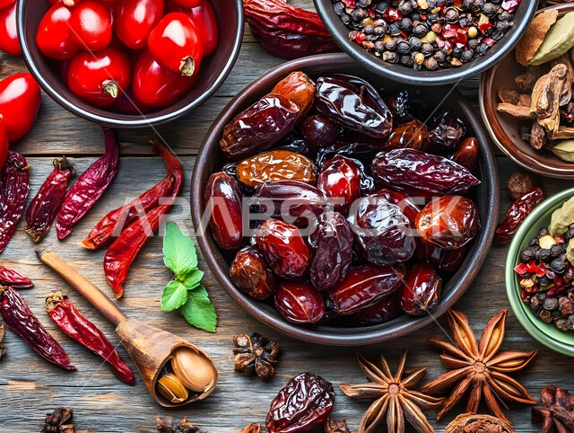 وجبة ذات قيمة غذائية عالية، صحن مليء بالتمر السكري الرطب من نخيل المملكة العربية السعودية , طبق من التمور الفاخرة بجانبه مجموعة من التوابل والبهارات، ضيافة رمضانية صحية، ثمار ومحاصيل زراعية محلية وطنية
