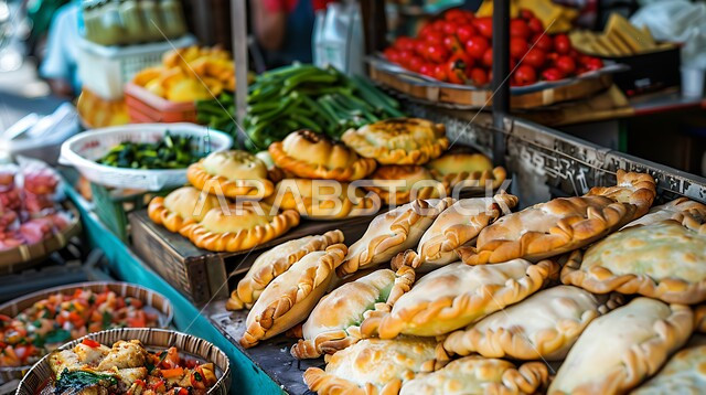 أطباق ووصفات طعام شعبية صحية، طرق مميزة لتقديم الاكل، وجبات بطرائق شهية، مطاعم للمأكولات العربية الخليجية السعودية المشهورة، صورة مقربة لطبق من المعجنات والفطائر المحشوة واللذيذة