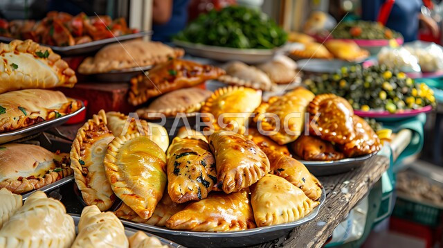 أطباق ووصفات طعام شعبية صحية، طرق مميزة لتقديم الاكل، وجبات بطرائق شهية، مطاعم للمأكولات العربية الخليجية السعودية المشهورة، صورة مقربة لطبق من المعجنات والفطائر المحشوة واللذيذة