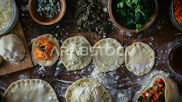 Homemade hand pies with different fillings, a meal with a high nutritional value, the arts of presentation in restaurants and kitchens in the Kingdom of Saudi Arabia, dishes from popular traditional Arabic cuisine, and delicious, healthy and delicious food recipes.