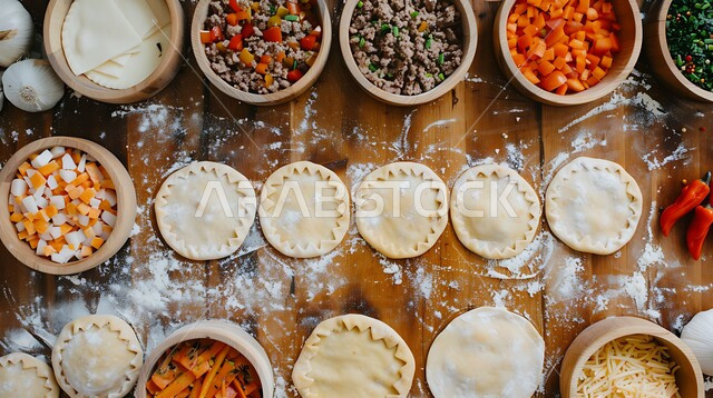 Homemade hand pies with different fillings, a meal with a high nutritional value, the arts of presentation in restaurants and kitchens in the Kingdom of Saudi Arabia, dishes from popular traditional Arabic cuisine, and delicious, healthy and delicious food recipes.