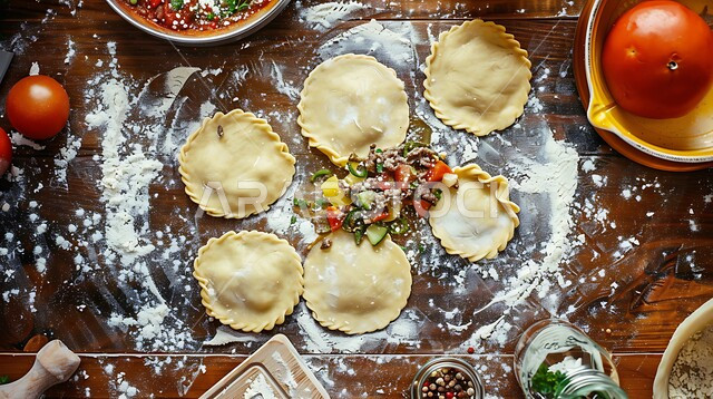 Homemade hand pies with different fillings, a meal with a high nutritional value, the arts of presentation in restaurants and kitchens in the Kingdom of Saudi Arabia, dishes from popular traditional Arabic cuisine, and delicious, healthy and delicious food recipes.