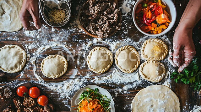 Homemade hand pies with different fillings, a meal with a high nutritional value, the arts of presentation in restaurants and kitchens in the Kingdom of Saudi Arabia, dishes from popular traditional Arabic cuisine, and delicious, healthy and delicious food recipes.