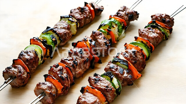 أسياخ اللحم مع الخضراوات، تحضير أطباق اللحوم المشوية على النار والفحم، فن الطهي والشواء ووصفات الأطعمة الشرقية، وجبات طعام لذيذة صحية، مطاعم الوجبات والمأكولات السريعة في المملكة العربية السعودية