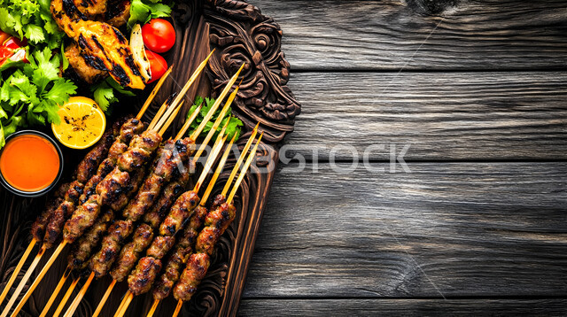 أسياخ اللحم مع الخضراوات، تحضير أطباق اللحوم المشوية على النار والفحم، فن الطهي والشواء ووصفات الأطعمة الشرقية، وجبات طعام لذيذة صحية، مطاعم الوجبات والمأكولات السريعة في المملكة العربية السعودية