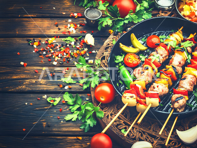 Meat skewers with vegetables, preparing meat dishes grilled over fire and charcoal, the art of cooking and barbecuing, oriental food recipes, healthy delicious meals, meal and fast food restaurants in the Kingdom of Saudi Arabia