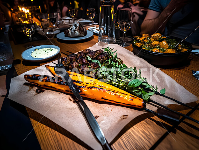 وجبة ذات قيمة غذائية عالية، اسياخ كباب اللحم الضأن المشوي، فنون التقديم في مطاعم ومطابخ المملكة العربية السعودية، أطباق من المأكولات العربية التقليدية الشعبية، وصفات طعام شهية صحية لذيذة