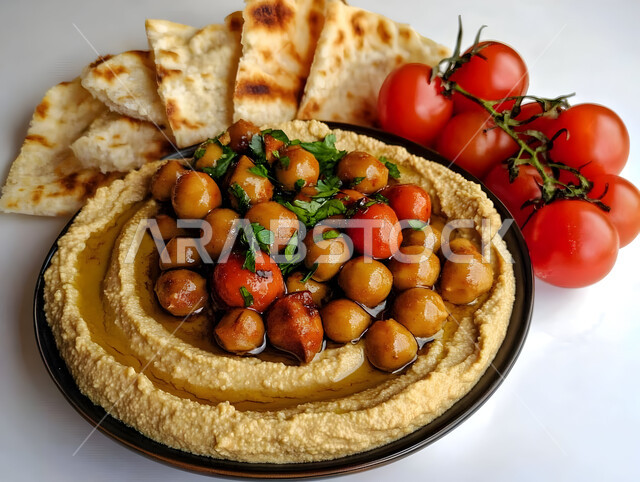 المقبلات النباتية الباردة اللذيذة، صورة مقربة لطبق من الحمص اللذيذ المزين بالتوابل والخضراوات، مأكولات وأطباق شعبية تقليدية، وصفات طعام شرقية عربية سعودية