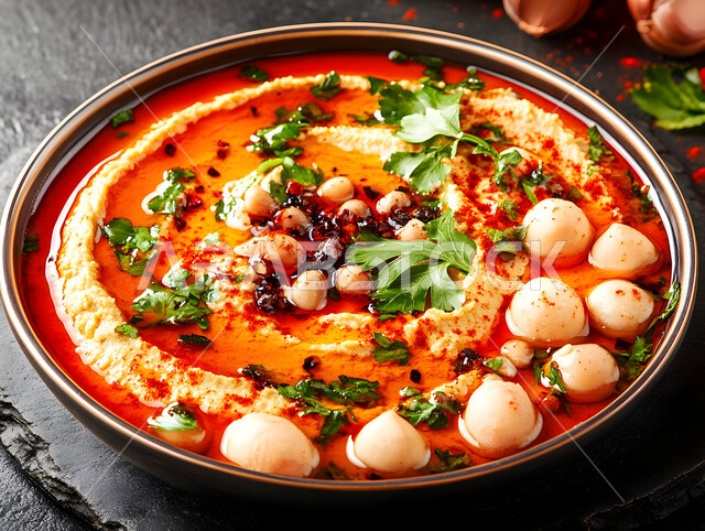 المقبلات النباتية الباردة اللذيذة، صورة مقربة لطبق من الحمص اللذيذ المزين بالتوابل والخضراوات، مأكولات وأطباق شعبية تقليدية، وصفات طعام شرقية عربية سعودية