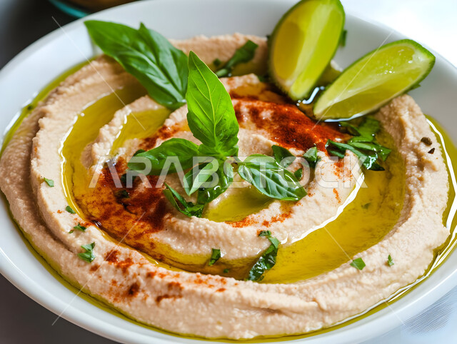 Delicious cold vegetarian appetizers, close-up of a plate of delicious hummus garnished with spices and vegetables, traditional popular foods and dishes, Saudi Arabian oriental food recipes