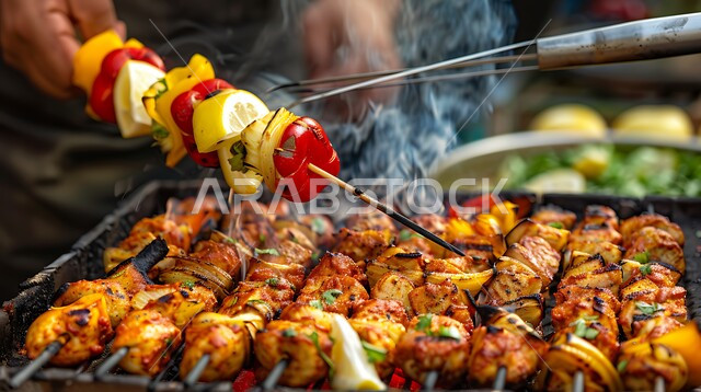 Culinary arts and catering, traditional Saudi Arabian popular cuisine, delicious and healthy meal recipes, protein-rich barbecue dishes, close-up of hands of a Saudi Arabian Gulf chef holding skewers of grilled chicken with fresh vegetables and cooking them over charcoal