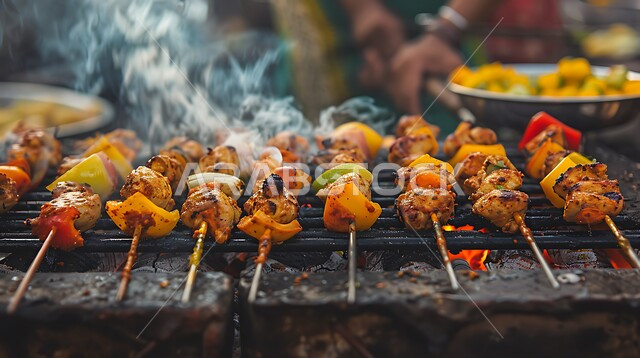  مطاعم الشواء في المملكة العربية السعودية، أطباق الباربكيو الشهية والغنية بالبروتينات، الوجبات اللذيذة الصحية، صورة مقربة لأسياخ الدجاج المشوي على الفحم مع الخضراوات، مأكولات وأصناف عربية شرقية