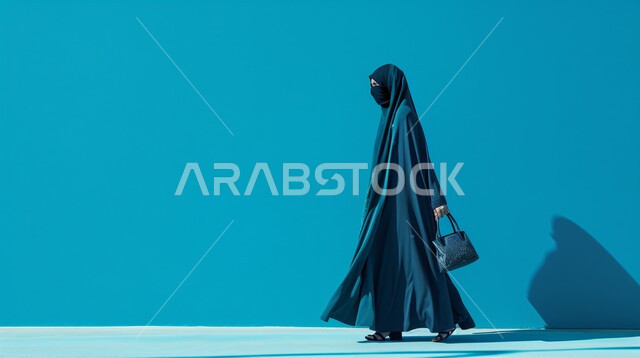 إيماءات وجه ويديان مختلفة، النظر الى شيء ما, بورتريه من الجانب لامرأة عربية خليجية سعودية  ترتدي العباءة مع النقاب، الجسم بالطول الكامل، خلفية ازرق