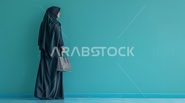 إيماءات وجه ويديان مختلفة، النظر الى شيء ما, بورتريه من الخلف لامرأة عربية خليجية سعودية ترتدي العباءة مع الحجاب، الجسم بالطول الكامل، خلفية ازرق