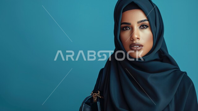 Modern fashion for veiled women, the concept of femininity and softness, interest in elegance, beauty and external appearance, a portrait of a veiled Saudi Arab Gulf woman looking at the camera with movements that indicate self-confidence and pleasure.