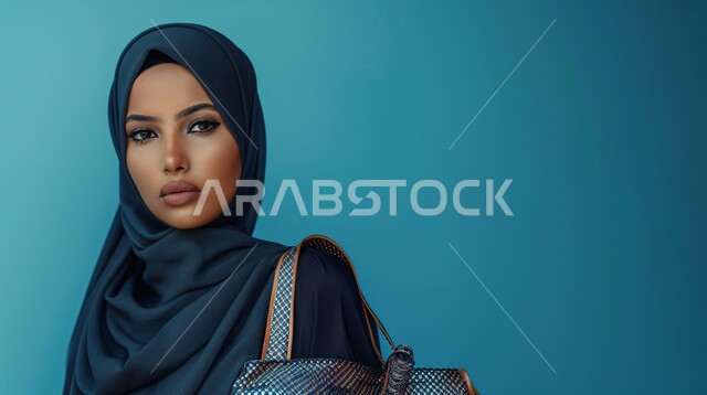 Modern fashion for veiled women, the concept of femininity and softness, interest in elegance, beauty and external appearance, a portrait of a veiled Saudi Arab Gulf woman looking at the camera with movements that indicate self-confidence and pleasure.