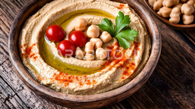 فنون التقديم في مطابخ المملكة العربية السعودية ،أصناف المقبلات الشعبية الباردة، صورة مقربة لطبق حمص كريمي مغطى بالطماطم الكرزية  والبقدونس في وعاء ريفي. مأكولات وأطعمة تقليدية، وجبات الإفطار الصحية الشهية في المطاعم الشرقية