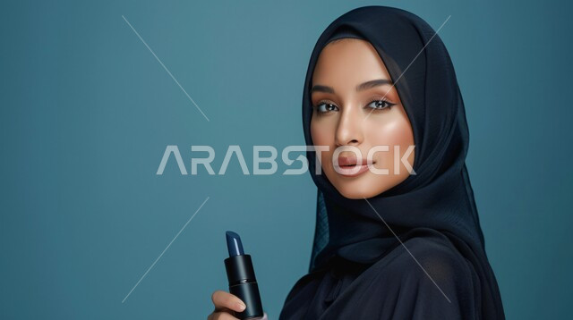 مفهوم الأنوثة والنعومة، أزياء محجبات عصرية حديثة، الاهتمام بالأناقة والجمال والمظهر الخارجي, بورتريه لامرأة خليجية سعودية عربية محجبة تنظر إلى الكاميرا بحركات تدل على الثقة بالنفس والمتعة