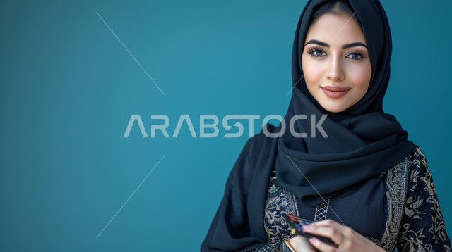 The concept of femininity and softness, modern fashion for veiled women, interest in elegance, beauty and external appearance, a portrait of a veiled Saudi Arab Gulf woman looking at the camera with movements that indicate self-confidence and pleasure.