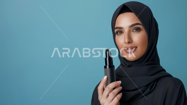 مفهوم الأنوثة والنعومة، أزياء محجبات عصرية حديثة، الاهتمام بالأناقة والجمال والمظهر الخارجي, بورتريه لامرأة خليجية سعودية عربية محجبة تنظر إلى الكاميرا بحركات تدل على الثقة بالنفس والمتعة
