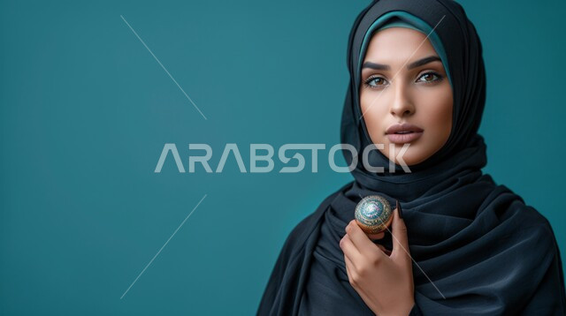 The concept of femininity and softness, modern fashion for veiled women, interest in elegance, beauty and external appearance, a portrait of a veiled Saudi Arab Gulf woman looking at the camera with movements that indicate self-confidence and pleasure.