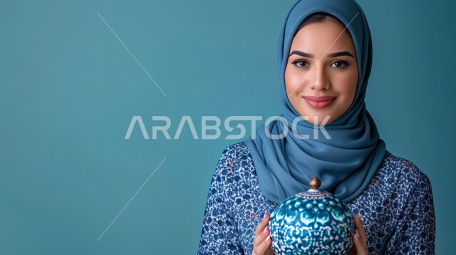 The concept of femininity and softness, modern fashion for veiled women, interest in elegance, beauty and external appearance, a portrait of a veiled Saudi Arab Gulf woman looking at the camera with movements that indicate self-confidence and pleasure.