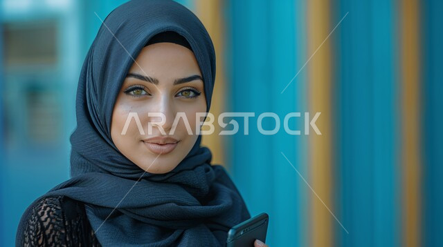 The concept of femininity and softness, modern fashion for veiled women, interest in elegance, beauty and external appearance, a portrait of a veiled Saudi Arab Gulf woman looking at the camera with movements that indicate self-confidence and pleasure.