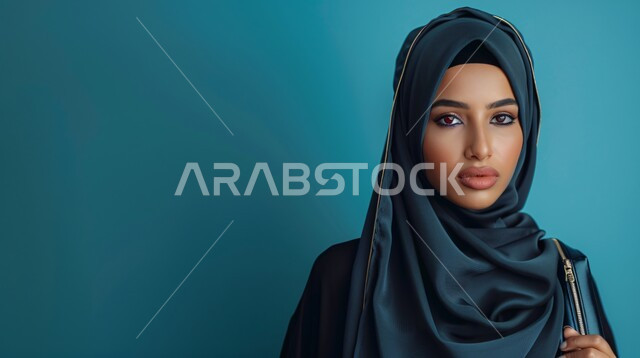 The concept of femininity and softness, modern fashion for veiled women, interest in elegance, beauty and external appearance, a portrait of a veiled Saudi Arab Gulf woman looking at the camera with movements that indicate self-confidence and pleasure.