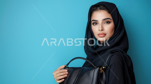 The concept of femininity and softness, modern fashion for veiled women, interest in elegance, beauty and external appearance, a portrait of a veiled Saudi Arab Gulf woman looking at the camera with movements that indicate self-confidence and pleasure.