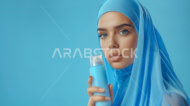 مفهوم الأنوثة والنعومة، أزياء محجبات عصرية حديثة، الاهتمام بالأناقة والجمال والمظهر الخارجي, بورتريه لامرأة خليجية سعودية عربية تنظر إلى الكاميرا بحركات تدل على الثقة بالنفس والمتعة