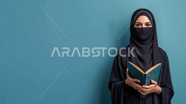 The concept of femininity and softness, modern veiled fashion, interest in elegance, beauty and external appearance, a portrait of a Saudi Arabian Gulf woman looking at the camera with movements that indicate self-confidence and pleasure.